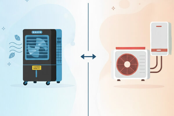 Evaporative cooler next to air conditioner unit illustrating key differences in cooling technology for buyers comparing energy-efficient options.