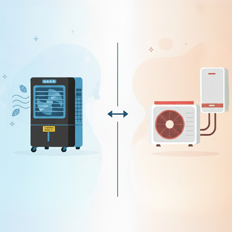 Evaporative cooler next to air conditioner unit illustrating key differences in cooling technology for buyers comparing energy-efficient options.